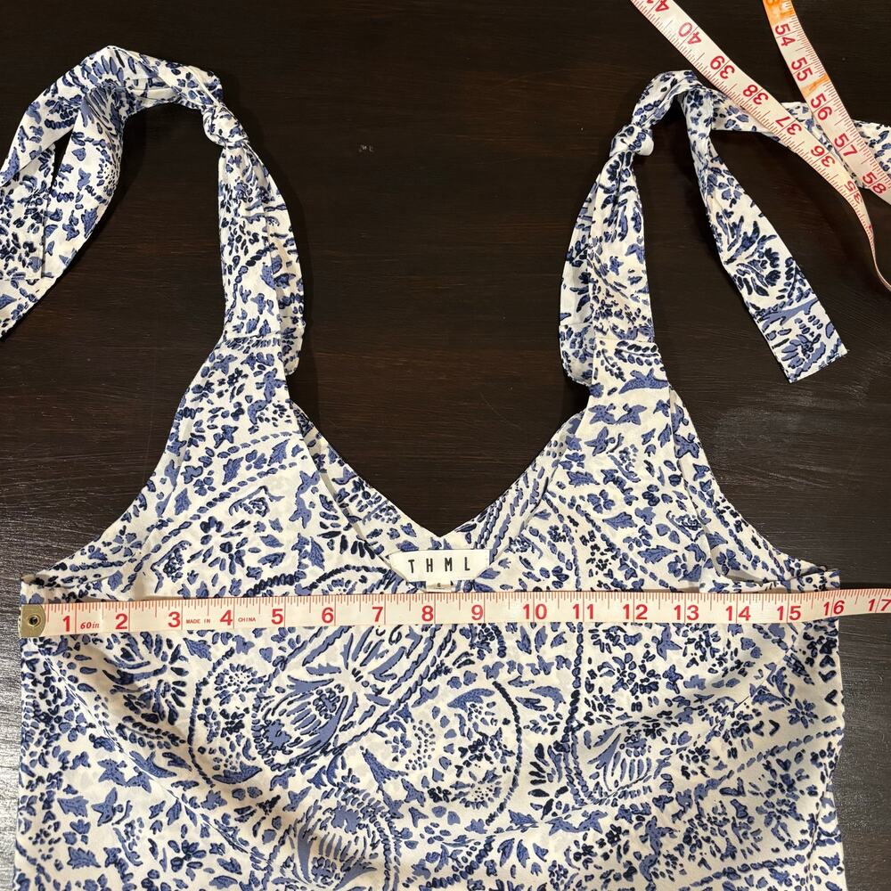 THML Vacay Blue and White Paisley Floral Tie-Shoulder Flowy Maxi Dress- Sz S - Picture 5 of 6